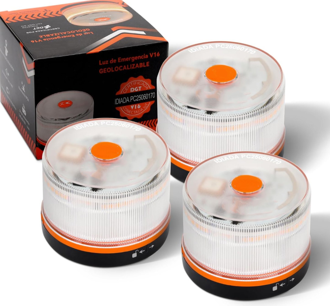 DF Luz de Emergencia V16 Aprobada por la DGT con Geolocalización 3.0 – Señalización de Ubicación para Automóviles, Plan de Datos Incluido – Base Magnética IP54 – Cumple con la Normativa 2026.