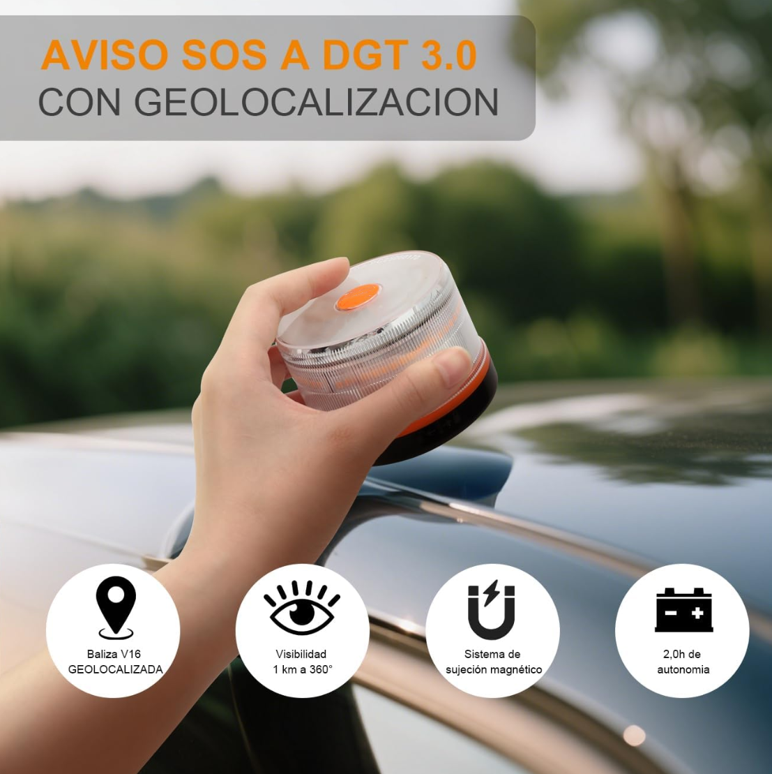 DF Luz de Emergencia V16 Aprobada por la DGT con Geolocalización 3.0 – Señalización de Ubicación para Automóviles, Plan de Datos Incluido – Base Magnética IP54 – Cumple con la Normativa 2026.